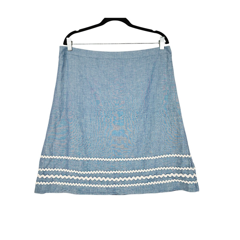 Ann Taylor Skirt 14 Womens Blue Linen Ric Rac Trim A-Line Summer Nautical Beachy